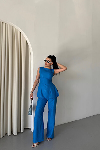 Ekince إيدوليكا جاكار كتان بلوزة بدون أكمام مع بنطلون - أزرق