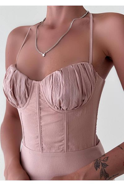 FASHION COCKTAIL Feminine Bustier Detailed Bodice Draped Upper Section Fluid Satin Skirt Maxi Dress