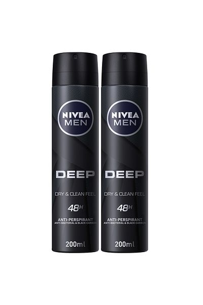 NIVEA MEN DEEP Black Carbon, Antiperspirant for Men, Antibacterial, Spray 200ml, Pack of 2