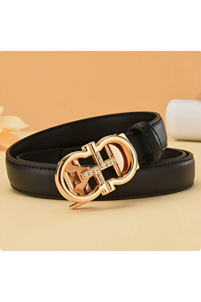 Kemer Dünyası حزام نسائي أسود بدون فتحة بإبزيم ذهبي مقاس 2.5 سم