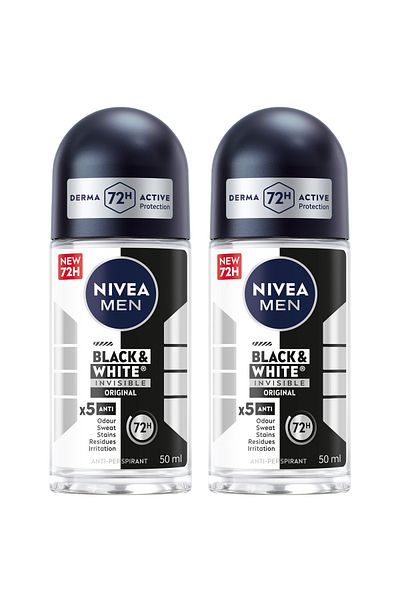 NIVEA مزيل عرق أصلي غير مرئي من MEN Black & White للرجال، رول أون، 50 مل، عبوة من قطعتين