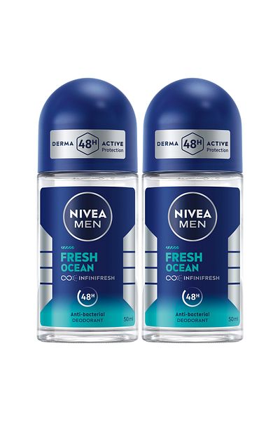 NIVEA MEN Fresh Ocean, Deodorant for Men, Aqua Scent, Roll-on 50ml, Pack of 2