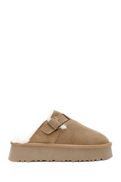 Derimod Women's Camel Thick Sole Fur Detailed Suede Leather Slippers 24Wfd 478010