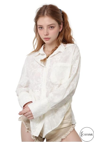 Cassime Cămașă albă de buzunar, 100% bumbac, cu broderie florală subțire
