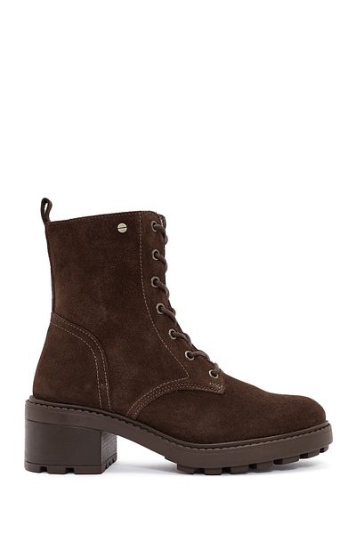 Derimod Women's Brown Zippered Thick Heeled Nubuck Leather Boots 24Wfd2375V3