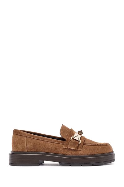 Derimod Women's Brown Buckle Detailed Suede Leather Masculine Loafer 24Wfd 184710