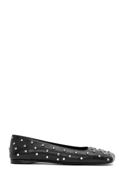 Derimod Women's Black Stone Detailed Leather Ballerinas 24Wfd1410Ts