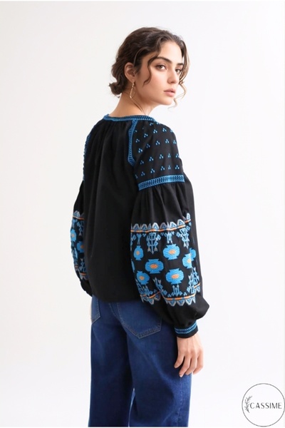 Cassime Дамско черно яке с етнически шарки, балон ръкав и двоен шнур, блуза - Тънко яке