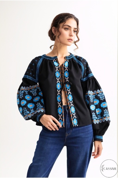 Cassime Дамско черно яке с етнически шарки, балон ръкав и двоен шнур, блуза - Тънко яке