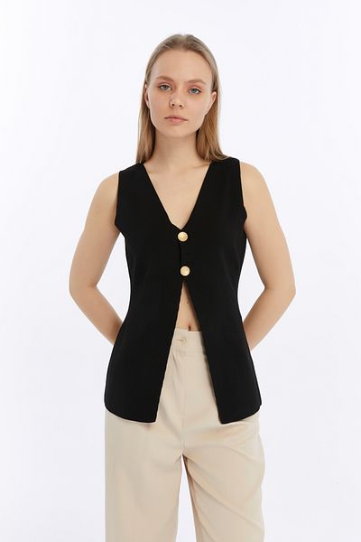 MA ananas Women's Black V-Neck Double Button Vest