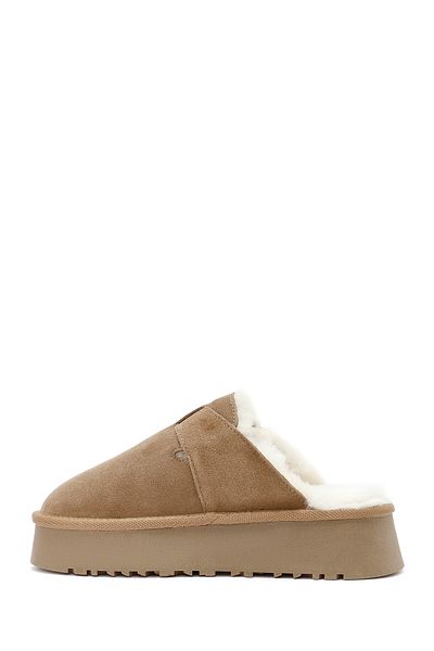 Derimod Women's Camel Thick Sole Fur Detailed Suede Leather Slippers 24Wfd 478010
