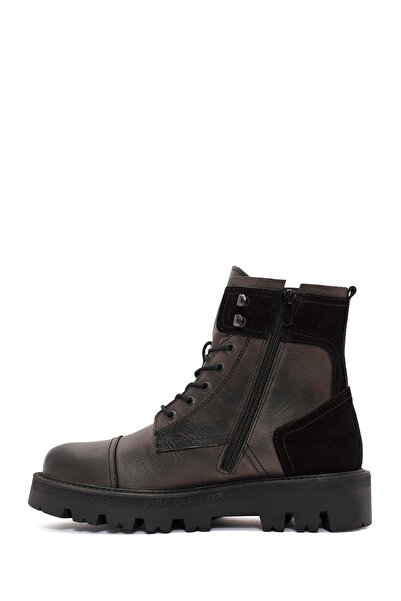 Derimod Men's Anthracite Lace-Up Zipper Detailed Leather Casual Boots 24Wfd 707218