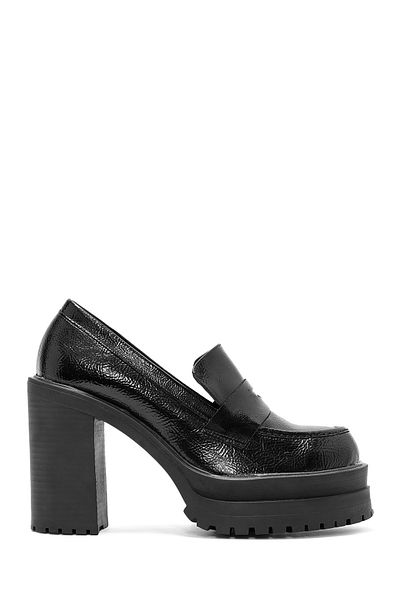 Derimod Women's Black Thick Heeled Patent Leather Masculine Loafer 24Wfe 252216
