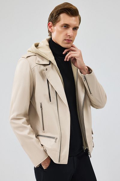 Derimod Butler Men's Beige Hooded Biker Leather Jacket 24Wgf6527Ft