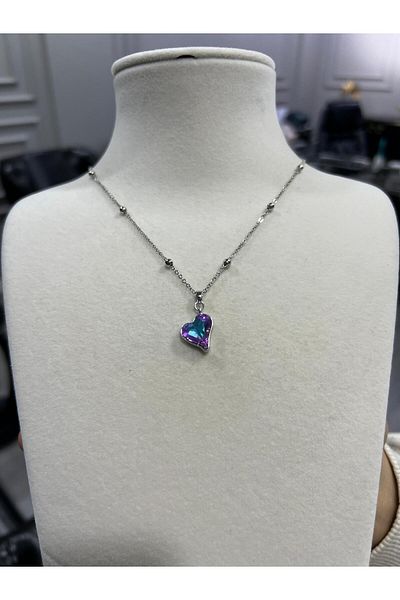 Store Purple Crystal Stone Heart Necklace with Steel Ball Chain Valentine's Day Birthday