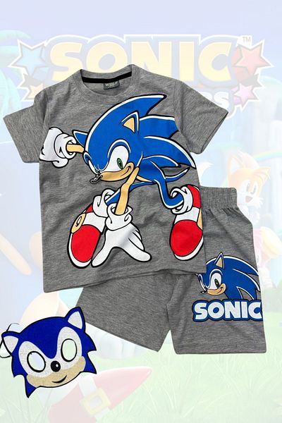 Sonic Gray Color Children's Set with Printed T-Shirt Shorts and Sonic Mask