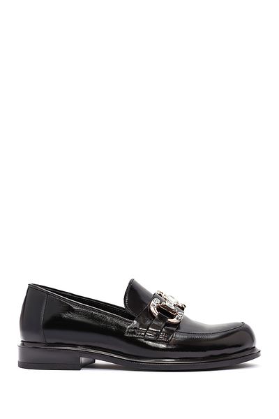 Derimod Women's Black Stone Detailed Leather Masculine Loafer 24Wfd 184316