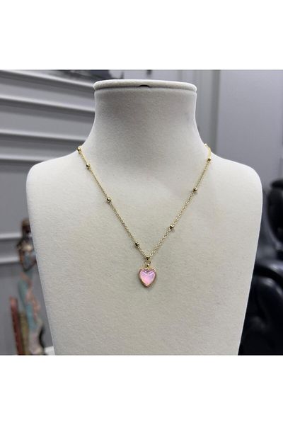 Store Lacquer Coated Steel Chain Pink Heart Necklace