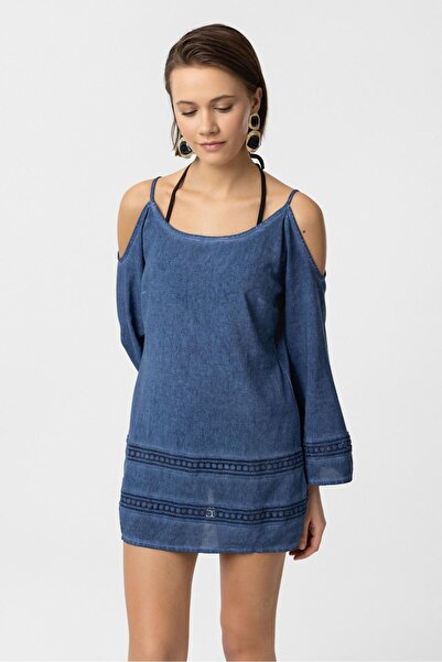 Deriderim Блакитна сорочка з тонким бретельками, мереживом та рукавами-крильцями з бавовни