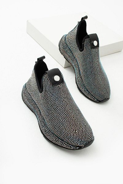 diclepolat Pantofi de damă - Pantofi sport cu talpă groasă, elastică, argintie, cu detalii de piatră, Sarge Black