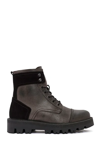 Derimod Men's Anthracite Lace-Up Zipper Detailed Leather Casual Boots 24Wfd 707218