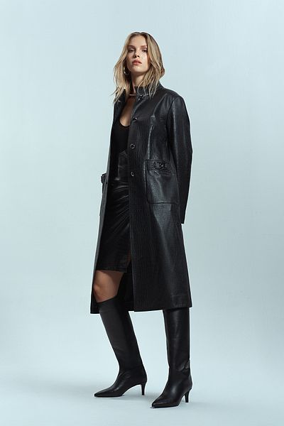 Derimod Colette Women's Black Crocodile Patterned Leather Top Coat 24Wgd5182Y8