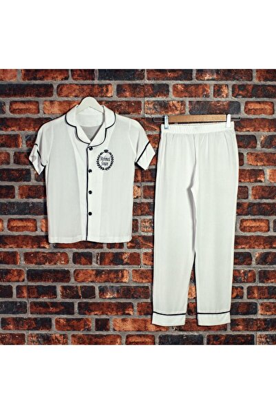 ADEREN KİDS SÜNNET PİJAMASI YAZLIK KISA KOLLU PAMUK İSİM BASKILI BEYAZ LACİVERT