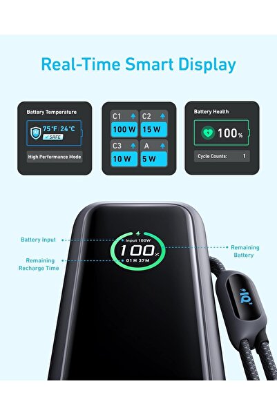 Anker انكر شاحن باور بانك فائق السرعة بسعة 25000 مللي أمبير وقوة 165 واط مع كابلات مدمجة وقابلة للطي