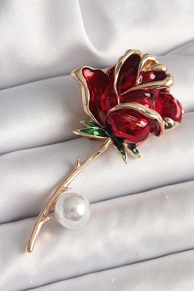 Skygo Brass Gold Color Red Rose Model Pearl Detail Women's Brooch - Tj-Br422