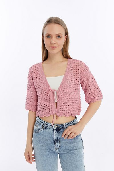 MA ananas Women's Openwork Rope Tie Short Sleeve Cardigan