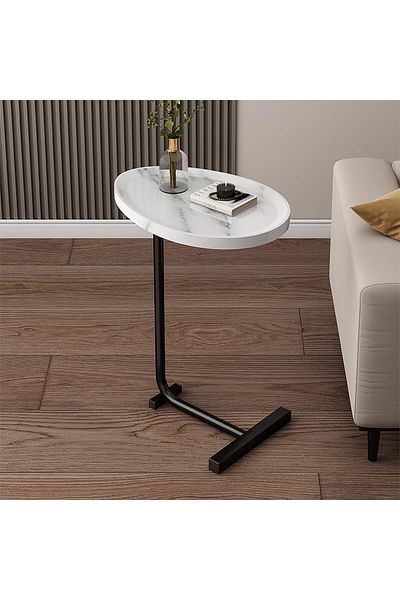 Generic 2-Pieces Modern Coffee Table | C-Shaped Side Table with White Wood Top and Black Metal Frame