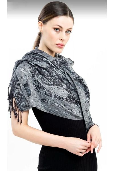 K&B PASHMINA Women's Silver Black Pashmina Wool 70X180 cm Polyester Shawl