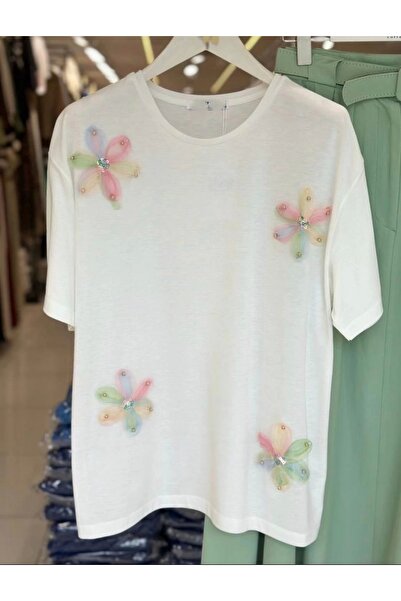Selence تي شيرت الأورجانزا الوردي زهرة بيضاء