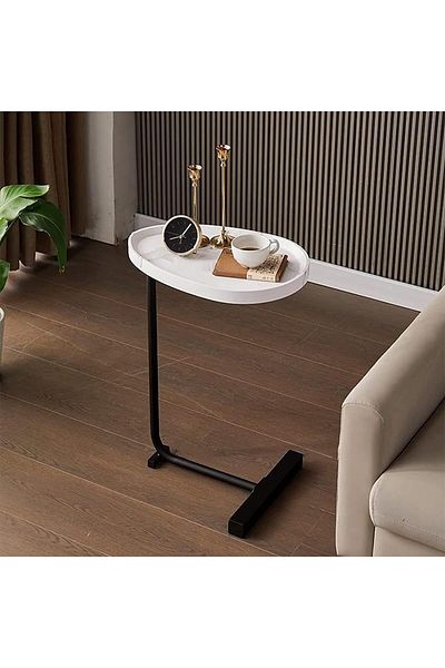 Generic Modern Coffee Table | C-Shaped Side Table with White Marble Top and Black Metal Legs 60x45x30 cm