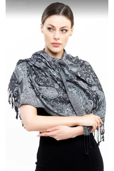 K&B PASHMINA Women's Silver Black Pashmina Wool 70X180 cm Polyester Shawl