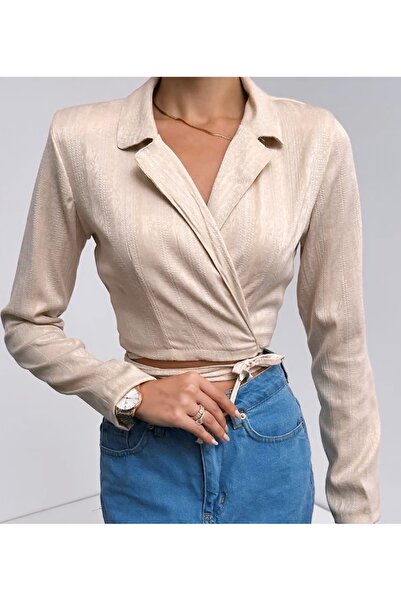 defiletekstil Gömlek Yaka Beli Bağlamalı Crop Bluz