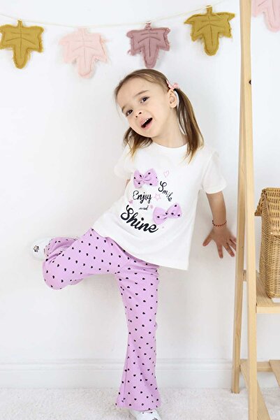 ESİLA KİDS Kız çocuk kalp baskılı taytlı üstü baskılı fiyonk detaylı alt üst takım