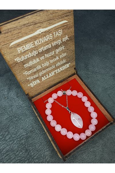 Mos Tespih Pink Quartz Natural Stone Necklace and Bracelet Set in Special Box