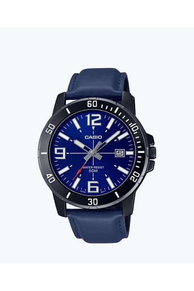 Casio Men's Round Analog Leather Strap Water Resistant Watch MTP-VD01BL-2BVUDF - 45mm - Blue