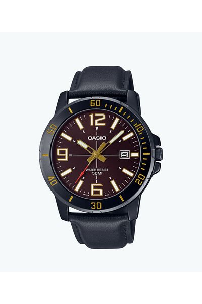 Casio Casio Men's Round Analog Leather Strap Water Resistant Watch MTP-VD01BL-5B - 45mm - Black