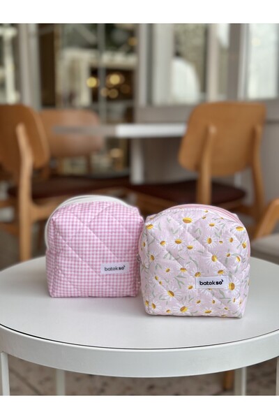 Batekso 2-Piece Powder Pink Daisy and Pink Square Patterned Makeup Bag - Small Size