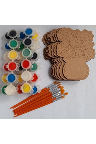 Tuvalia 10 Vazolu Çiçek Ahşap Boyama Anneler Günü Okul Kurs Aktivite Etkinlik Sanat 5 Boya 10 Fırça Hobi Set