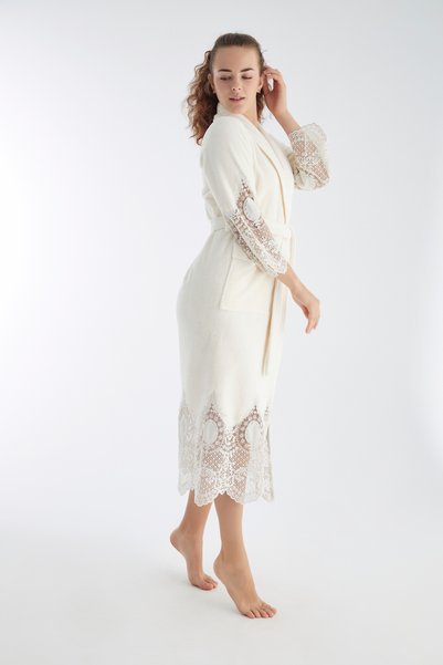 Nuşa Satin Bias Lace Bamboo Cotton Bathrobe