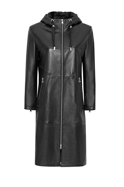 Derimod Selena Women's Black Hooded Leather Top Coat 24Wge52801M