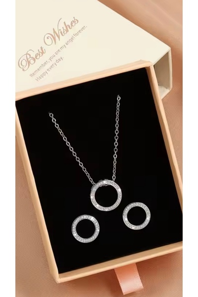 monalisatoka Kadın Zirkon Taşlı  Gümüş 2'Li Kolye, Küpe Seti