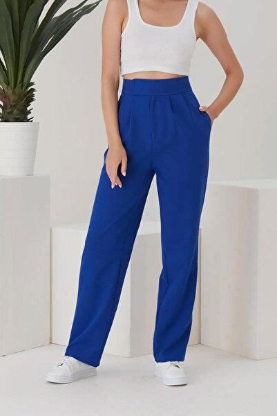 dk denemekabini Kadın Yüksek Bel Beli Cırt Kapamalı Palazzo Pantolon - Saks Mavi