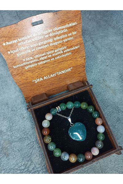 Mos Tespih Indian Agate Stone Natural Stone Necklace and Bracelet Set in Special Box