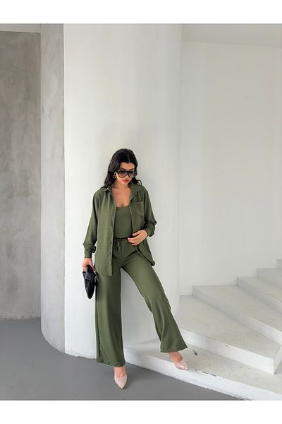 Brantu Women's Khaki Shirt, Blouse and Trousers Triple Linen Suit