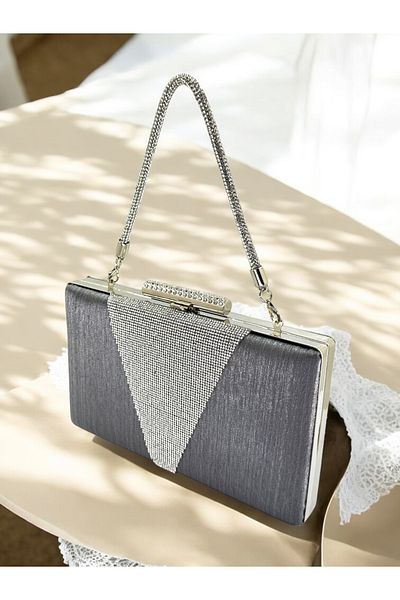 Biçanta Geantă de rochie de seară pentru femei, gri antracit, cu mâner din piatră de platină, cu ornamente din satin și piatră de cristal