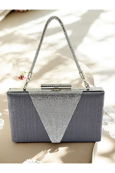 Biçanta Geantă de rochie de seară pentru femei, gri antracit, cu mâner din piatră de platină, cu ornamente din satin și piatră de cristal